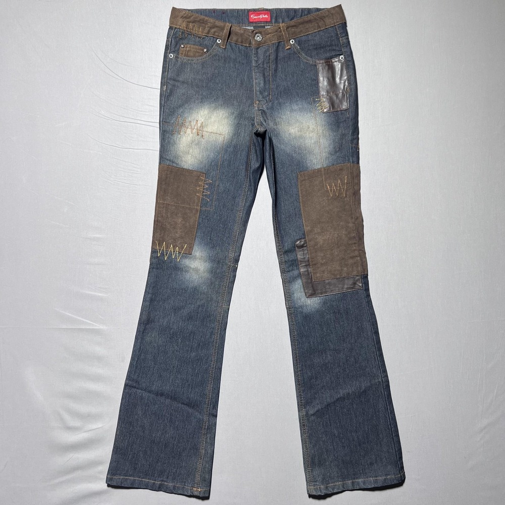 Vintage Southpole Patchwork Y2K Jeans Womens 5 Blue Brown‎ Suede Leather Flare